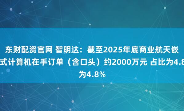 东财配资官网 智明达：截至2025年底商业航天嵌入式计算机在手订单（含口头）约2000万元 占比为4.8%